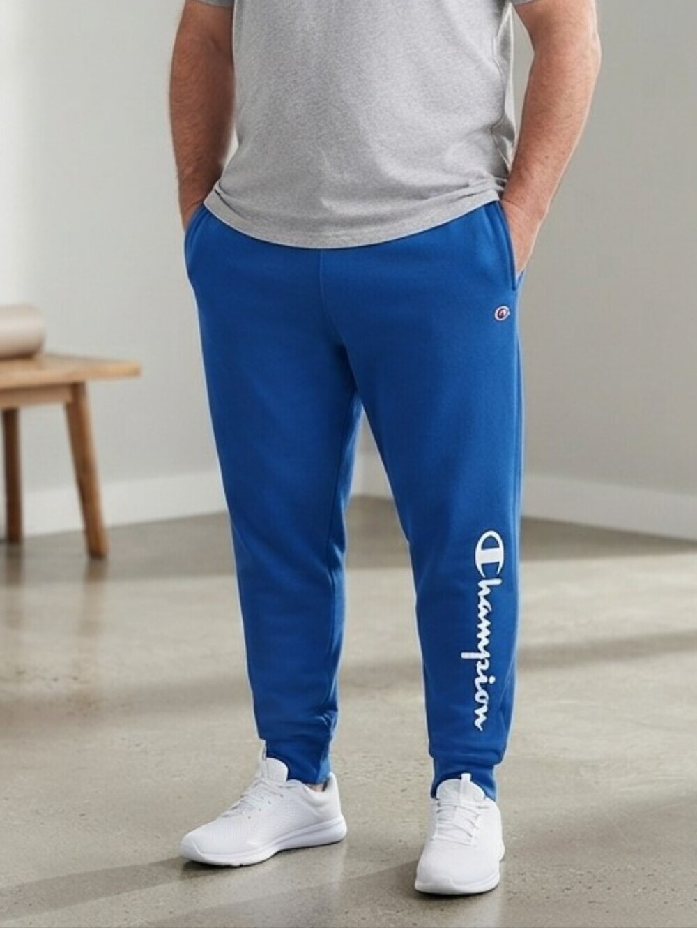 Champion Men's Blue Fleece Jogger Sweatpants Logo Graphic Size 2XL